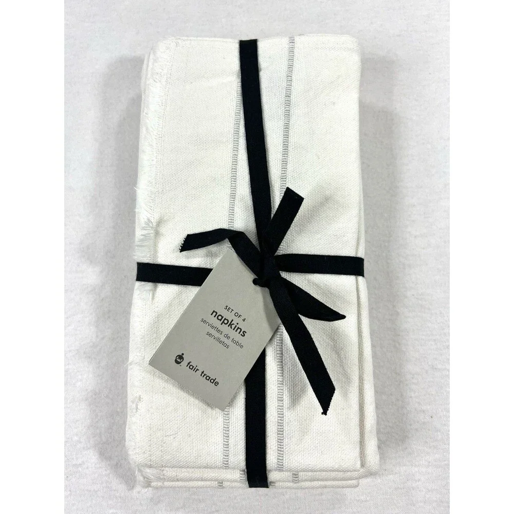 West Elm White Minimalist Stripe Cotton Dinner Napkins Frayed Edge Set of 4
